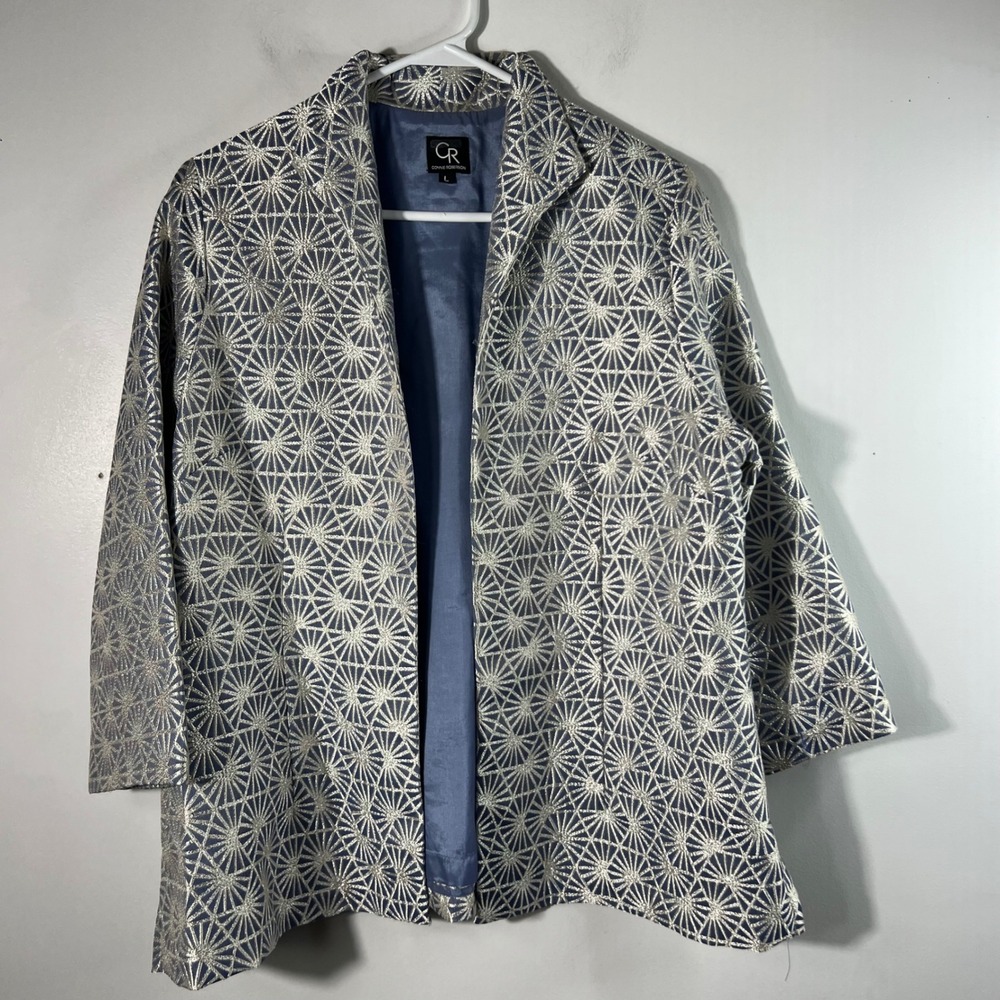 Connie Roberson Blue Silver Metallic Starburst Jacquard Silk Jacket Large L